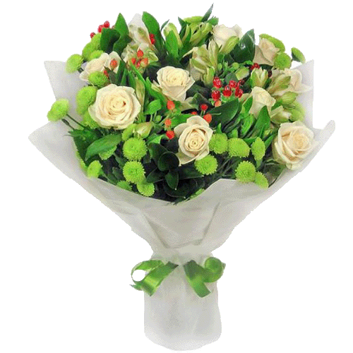 Букет "Юная леди" белые розы, зеленые хризантемы