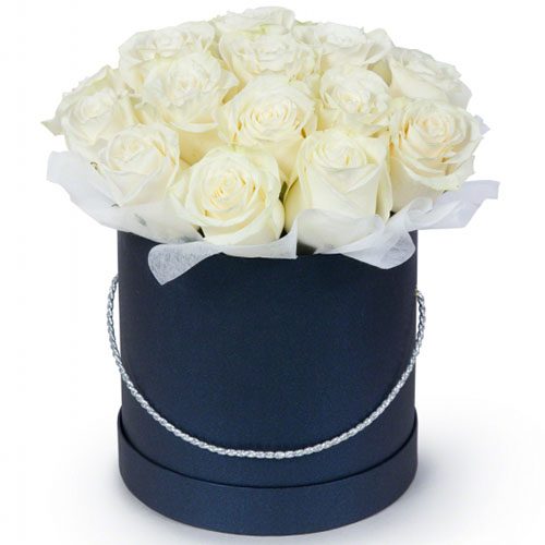 Фото товара 21 белая роза в шляпной коробке в Хмельницком