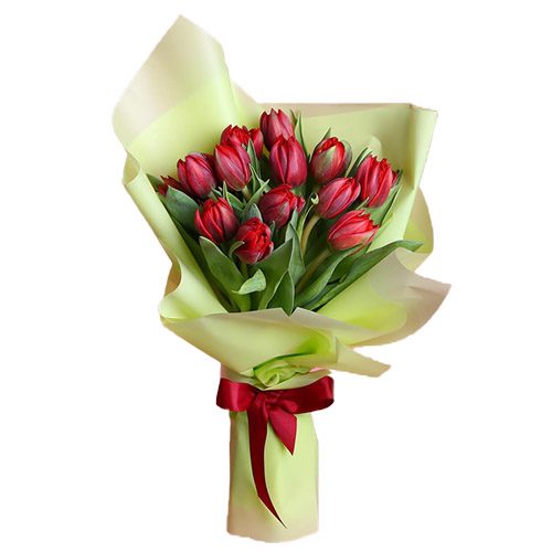 Фото товара 15 красных тюльпанов в зелёной упаковке в Хмельницком