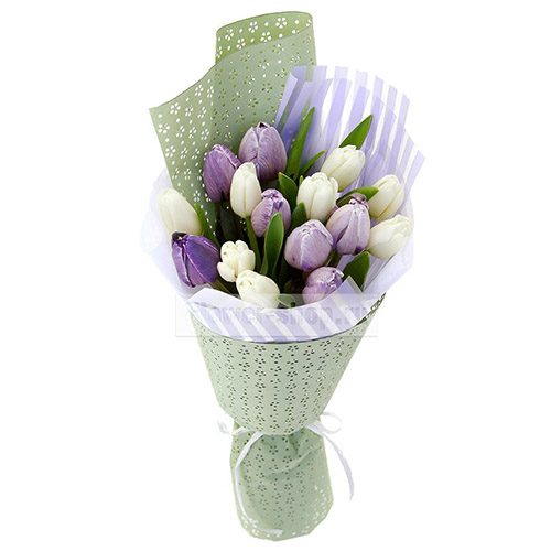 Фото товара 15 біло-фіолетових тюльпанів в Хмельницком