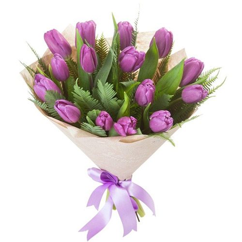Фото товара 15 фіолетових тюльпанів з декором в Хмельницком