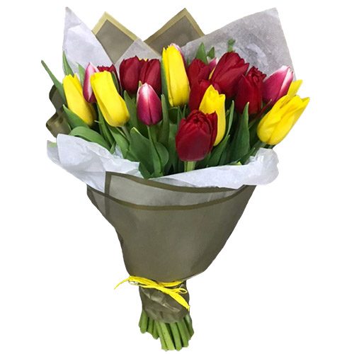 Фото товара 21 красно-жёлтый тюльпан в двойной упаковке в Хмельницком