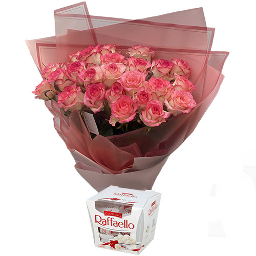 Фото товара 25 рожевих троянд із цукерками в Хмельницком